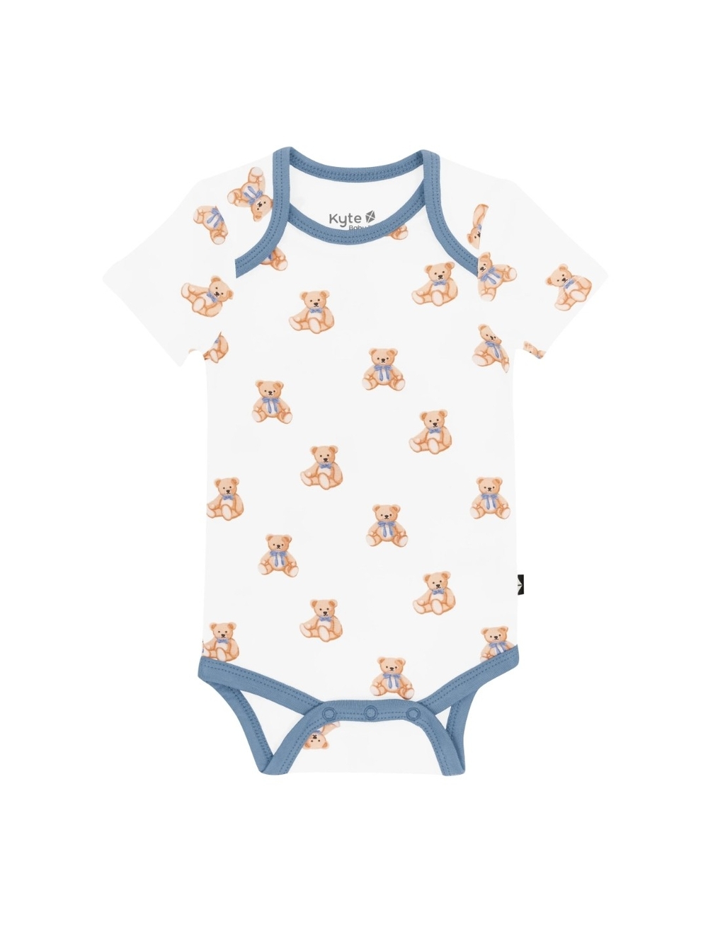 Short Sleeve Teddy Print One-Piece Bodysuit in White and Blue